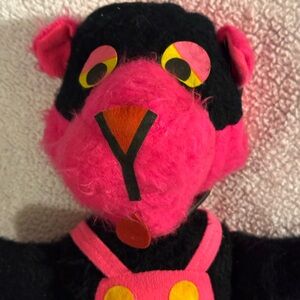 Vintage Pink and Black Plush Panther Toy Lion Korea